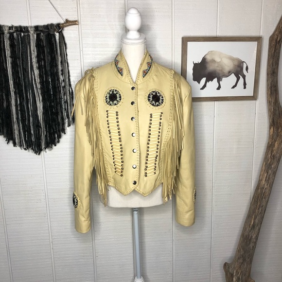 Vintage Jackets & Blazers - VINTAGE Leather boho jacket with fringe and beads